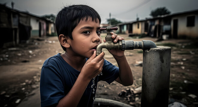 A young boy drinks water from a tap in a poverty-stricken community.