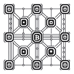 Blockchain network illustration with interconnected nodes and central Bitcoin symbol