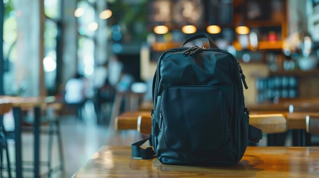 Black backpack on a wooden table with a blurred background of a modern Cafe interior, close-up. concept of back to school
