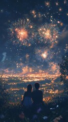 Couple is sitting on a hillside and watching fireworks