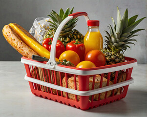 Red basket filled with fresh produce and bread groceries pineapples