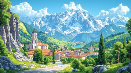 Majestic Mountain Village: A picturesque town nestled in a valley, surrounded by snow-capped mountains under a vibrant blue sky.