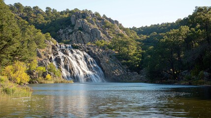Waterfall cascading into a tranquil lake, surrounded by lush forest