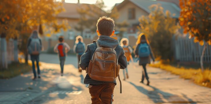 Handsome boy with a backpack running to school, other children walking on the street in front of him in the morning light, blurred background of houses and trees concept back to school