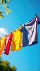 Brightly colored laundry flapping gently in a summer breeze on a clothesline, under a clear blue sky Perfect for concepts of summer, freshness, and clean living , colorful, tranquil