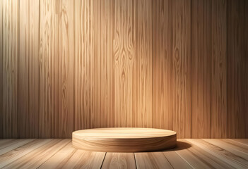 Wooden platform in an elegantly lit room with smooth wooden walls and flooring