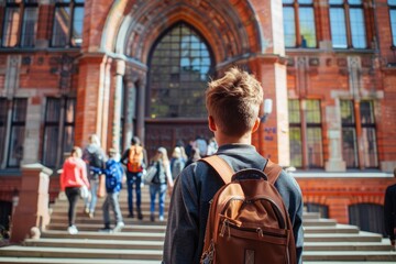 A group of students with backpacks in front of the entrance to an ancient red brick school, Russian high and middle distance people walking towards them, sunny day, soft light