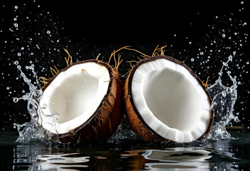 Coconuts split open with water splashing around in a dark setting during a culinary presentation