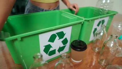 Close-up hand of woman separates sorting plastic, paper, and glass at home for recycling. Wife realize sustainable living, waste reduction, and environmental awareness. Female categorize waste. - Powered by Adobe