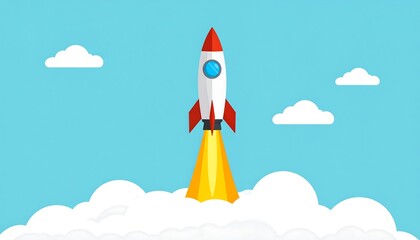 Rocket launching into a light-blue sky, surrounded by puffy white clouds