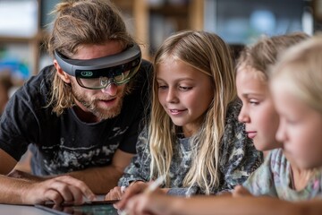 Teacher interacts with students using technology in a classroom setting