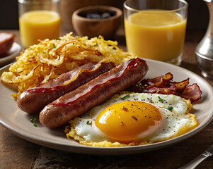 Savory breakfast with sausages eggs and hash browns fried egg bacon