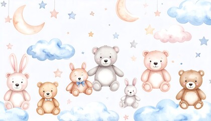 Pastel teddy bears and bunnies in clouds, moon and stars
