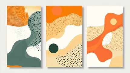Abstract summer cards, banners, flyers with spotty pattern of geometric figures, line, wave, dot in trendy style. Fluid shapes in summertime backgrounds. Template for design, sales, social media, web