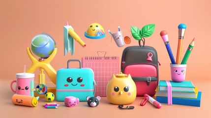 Obraz premium Back to school concept with an open backpack full of colorful stationery and supplies on a blue background, shown in a flat lay. A flat lay top view of the bag filled with office tools for kids.