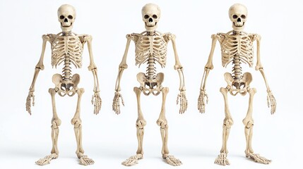 Three Skeletons Standing in a Row Against a White Background