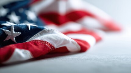 Close-up of American flag fabric with stars and stripes in vibrant red white and blue.