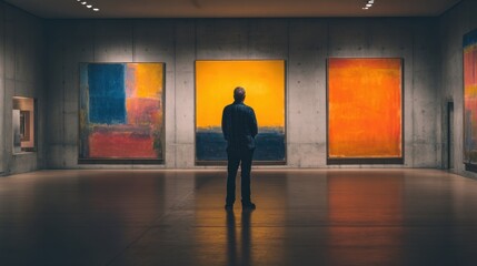 Man Viewing Abstract Colorful Paintings in Modern Art Gallery with Concrete Walls.