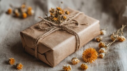 Fototapeta premium Elegant Gift Wrapped in Kraft Paper with Twine and Dried Flowers on Rustic Surface.
