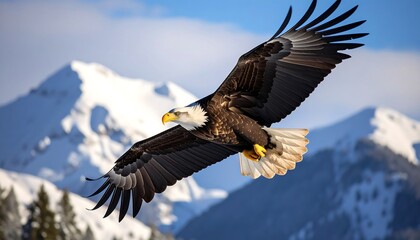Obraz premium Majestic bald eagle soaring over snow-capped mountains (1)