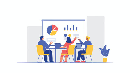 Illustration of three people in a business meeting with charts and graphs on a presentation screen