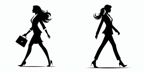Business woman striding confidently. Corporate Finance Cartoon Minimal Clipart Line Art Vector Illustration. Female executive walking forward with assurance showing career power.