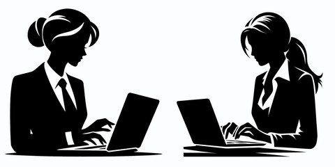 Business woman typing on laptop. Corporate Finance Cartoon Minimal Clipart Line Art Vector Illustration. Female professional at device doing project work lady operating notebook.
