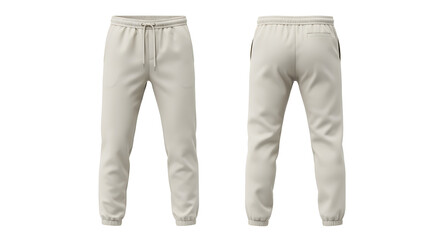Front and back view of a pair of light-colored sweatpants isolated on white.