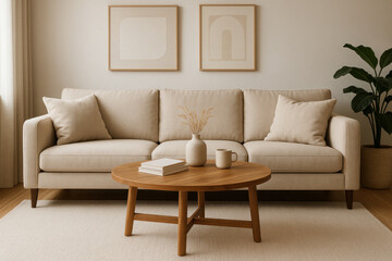 framed pictures hanging above beige couch in living room.