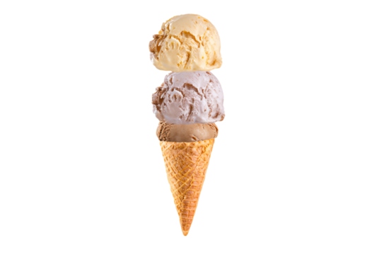 a cone of ice cream with three scoops of ice cream