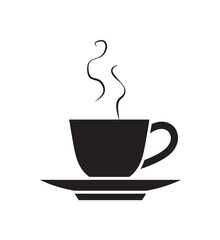 Simple black and white illustration of a steaming coffee cup on a saucer.
