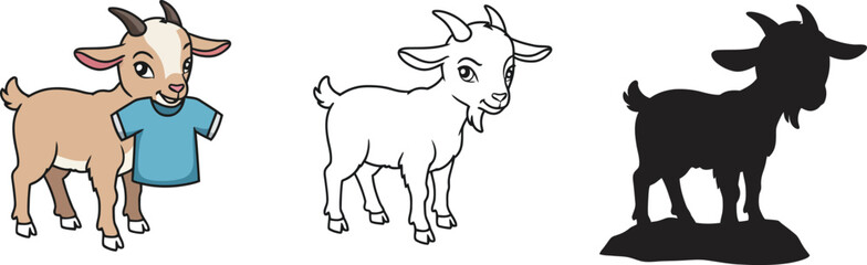 Fototapeta premium Goat cartoon vector illustration set, goat with shirt, line art and silhouette goat images vector art vector