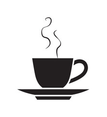 Black silhouette of a steaming cup of coffee or tea on a saucer, isolated on a white background.