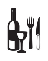 Black and white illustration of a wine bottle, wine glass, fork, and knife.