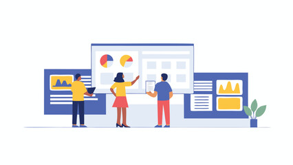 People presenting data charts and graphs on a large screen in a business meeting setting scene design