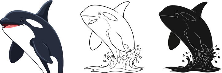 Obraz premium Orca whale illustration vector graphics set killer whale cartoon drawing sea animal marine life collection vector