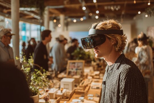 Young man experiences virtual reality at a tech showcase in an urban setting during the afternoon