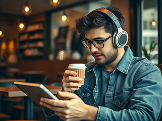 Young man wearing headphones engaged in remote learning on a digital tablet while enjoying a coffee break in a cozy cafe.