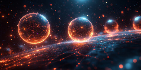 Abstract digital space with floating orbs, interconnected glowing pathways