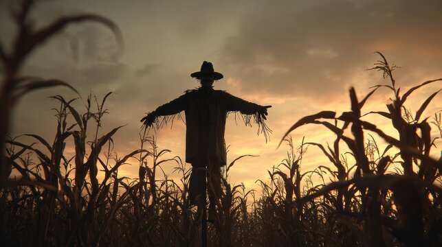 Scarecrow in a cornfield at sunset - Powered by Adobe
