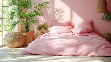 Serene Pink Bedroom Haven: Sunlight Streaming Through Window, Illuminating Cozy Bed and Lush Greenery