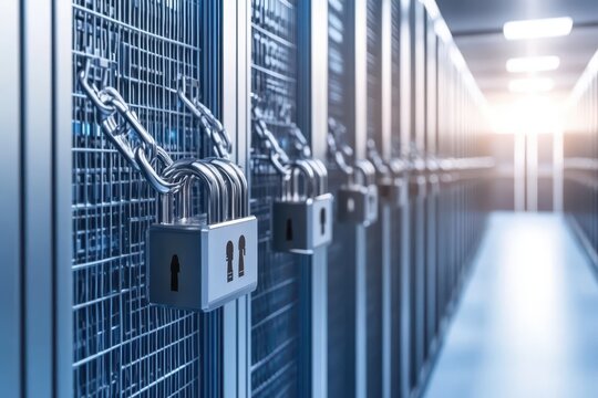 Secure server racks with padlocks and chains.