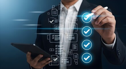 Businessman marking digital checklist with pen for success and completion on futuristic interface.