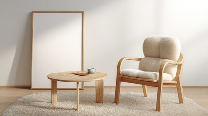 Minimalist room interior with wooden furniture