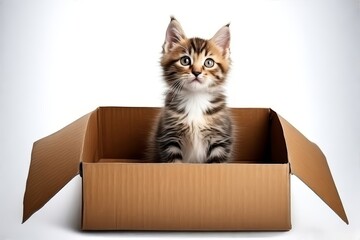 A curious kitten peeks from a cardboard box, radiating innocence, warmth, and playful charm with its fluffy striped fur. AI generated.