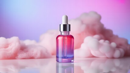 Glass Dropper Serum Bottle with Pink Glow and Cloud Background