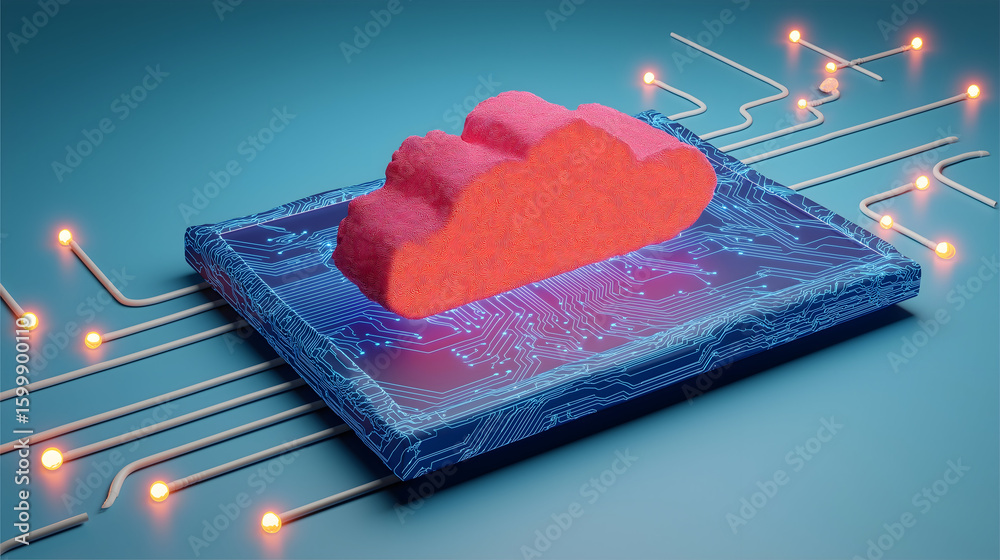 Aufkleber a digital cloud icon made of red particles sits on a microchip, symbolizing cloud computing and data