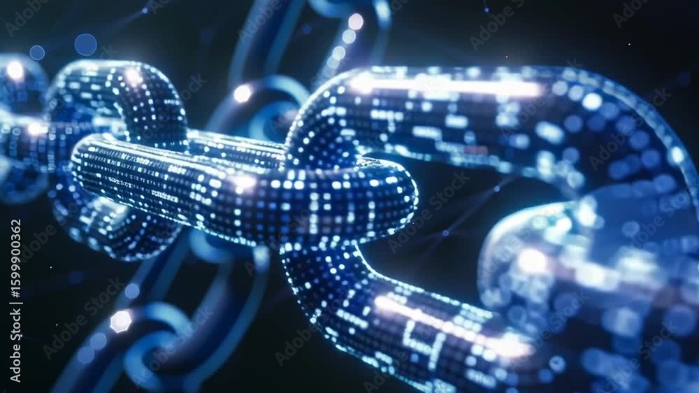 Aufkleber a chain of blue links with a glowing center. the chain is made of digital code and is a representati