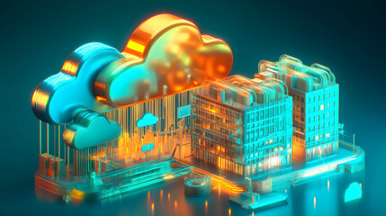 Futuristic digital cityscape with glowing cloud-shaped data storage units symbolizing cloud computing and smart technology integration.