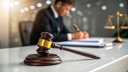 Lawyer working in office with wooden gavel and scales of justice on desk symbolizing legal authority

